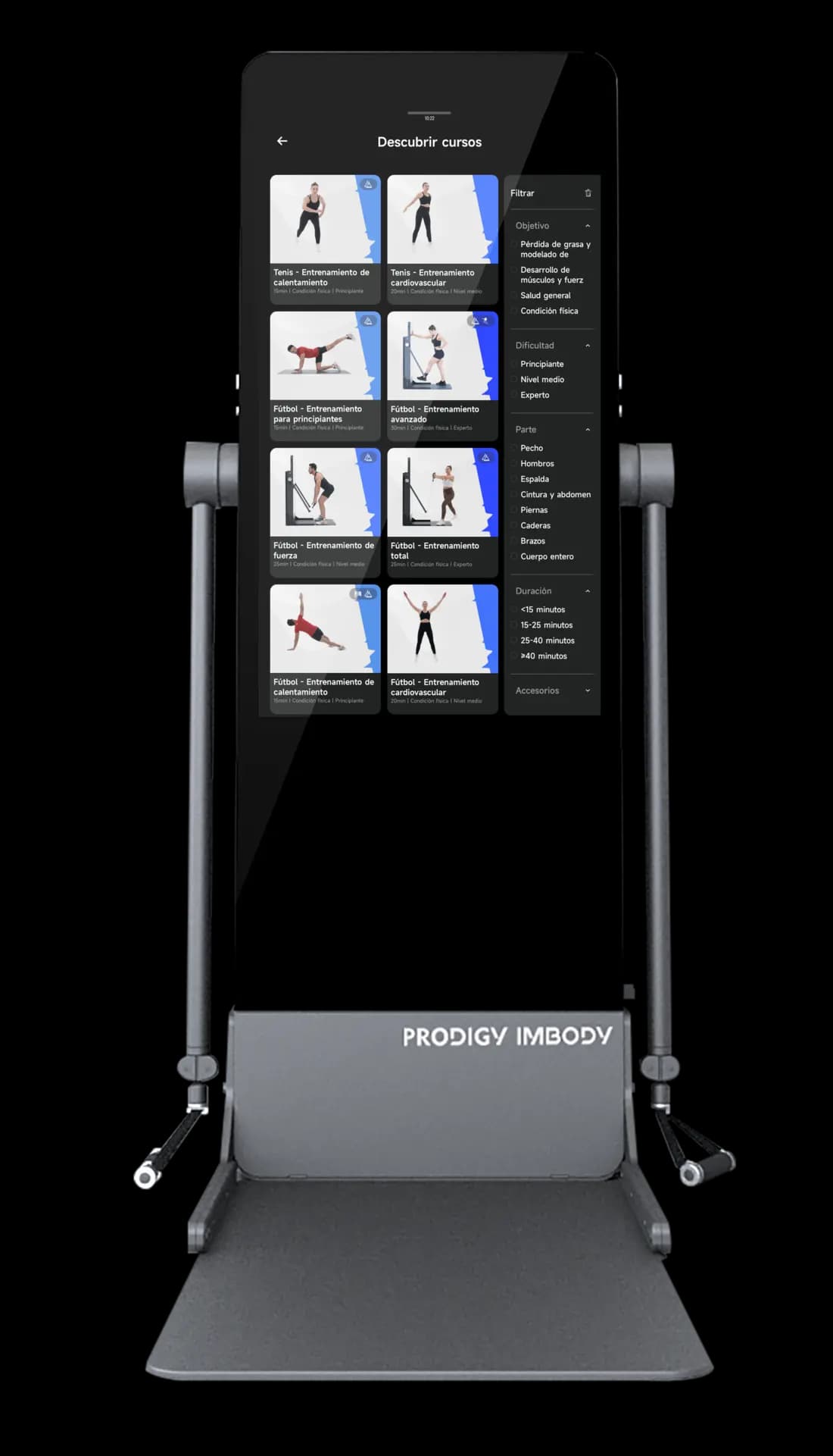 Frontal del Prodigy IMBODY Power S Pro con el catálogo de cursos en pantalla